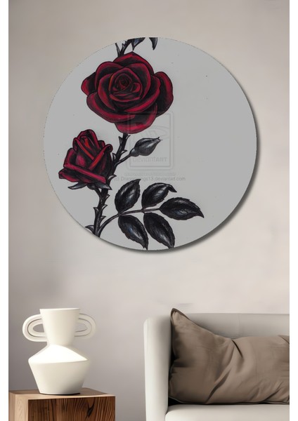 Kırmızı Gül Kara Kalem Görünümlü Ahşap Dekoratif Tablo Yuvarlak Tablo