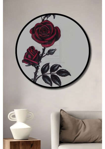 Kırmızı Gül Kara Kalem Görünümlü Ahşap Dekoratif Tablo Yuvarlak Tablo fiyatları