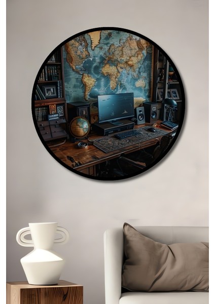 Ahşap Dekoratif Dünya Haritası Yağlı Boya Görünümlü Çalışma Odası Tablosu Yuvarlak Tablo fiyatları