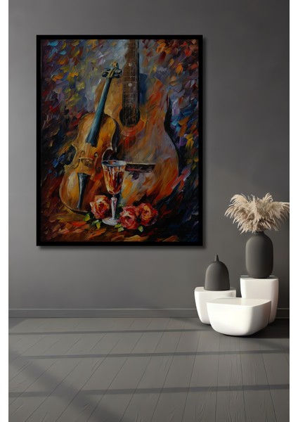 Keman Gitar Kadeh Gül Yağlı Boya Görünümlü Soyut Sanat Ahşap Dekoratif Tablo Dikdörtgen Tablo fiyatları
