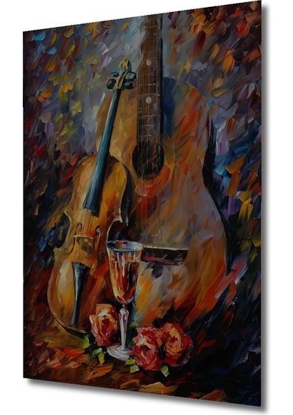 Keman Gitar Kadeh Gül Yağlı Boya Görünümlü Soyut Sanat Ahşap Dekoratif Tablo Dikdörtgen Tablo modelleri