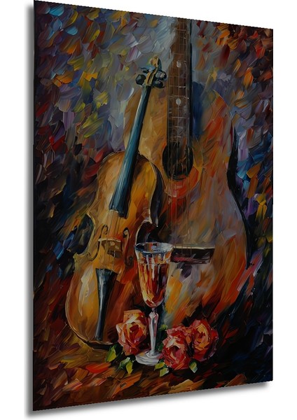 Keman Gitar Kadeh Gül Yağlı Boya Görünümlü Soyut Sanat Ahşap Dekoratif Tablo Dikdörtgen Tablo fırsatları