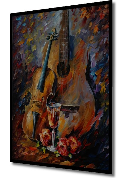 Keman Gitar Kadeh Gül Yağlı Boya Görünümlü Soyut Sanat Ahşap Dekoratif Tablo Dikdörtgen Tablo indirimleri