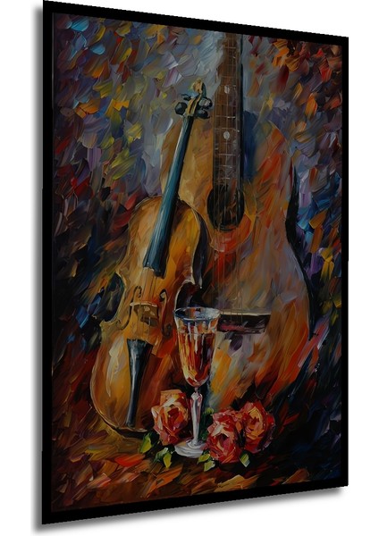 Keman Gitar Kadeh Gül Yağlı Boya Görünümlü Soyut Sanat Ahşap Dekoratif Tablo Dikdörtgen Tablo