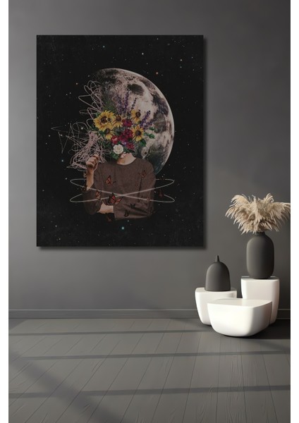 Gezegenler Arası Çiçek Bahçesi Yağlı Boya Görünümlü Ahşap Dekoratif Tablo Dikdörtgen Tablo