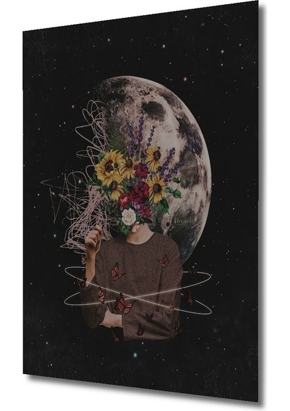 Gezegenler Arası Çiçek Bahçesi Yağlı Boya Görünümlü Ahşap Dekoratif Tablo Dikdörtgen Tablo modelleri