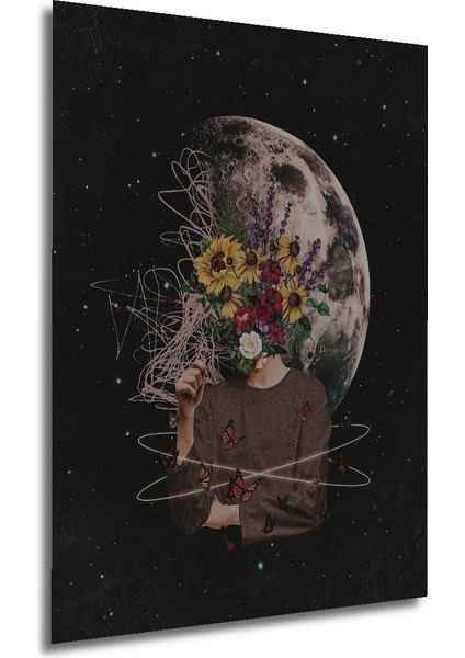 Gezegenler Arası Çiçek Bahçesi Yağlı Boya Görünümlü Ahşap Dekoratif Tablo Dikdörtgen Tablo fırsatları