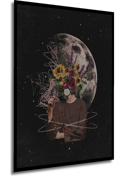 Gezegenler Arası Çiçek Bahçesi Yağlı Boya Görünümlü Ahşap Dekoratif Tablo Dikdörtgen Tablo