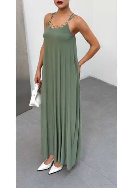 Kadın Omuz Askılı Kuş Gözü Zincir Detay Sandy Kumaş Maxi Boy Elbise fiyatları