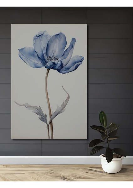 Mavi Lale Yağlı Boya Görünümlü Ahşap Dekoratif Tablo Modern Sanat Eseri Dikdörtgen Tablo