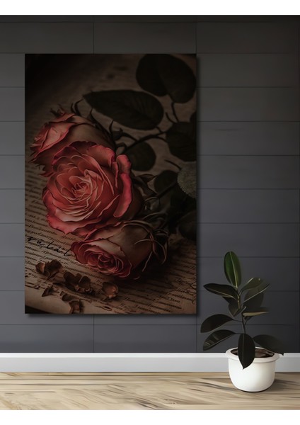 Romantik Gül Suluboya Görünümlü Dekoratif Ahşap Tablo Dikdörtgen Tablo