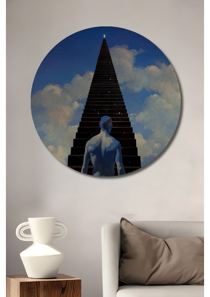 Göksel Merdiven Yolculuğu Yağlı Boya Görünümlü Ahşap Dekoratif Tablo Yuvarlak Tablo