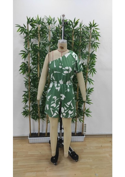 Kadın Tek Omuzdan Açık Beli Lastikli Desenli Süprem Tulum indirimleri