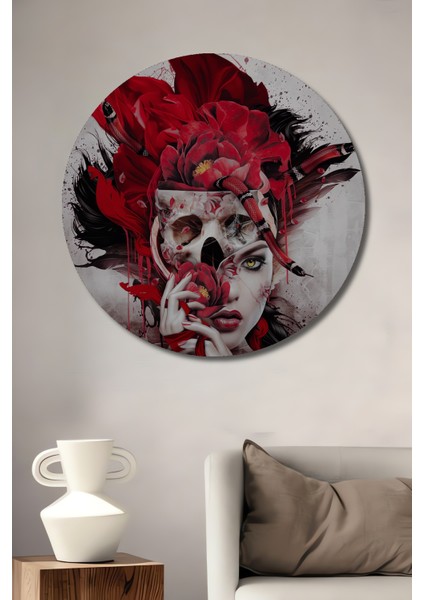 Siyah Beyaz Yağlı Boya Görünümlü Ahşap Tablo Gızemlı Kırmızı Çiçekler ve Insan Yüzü Sanat Eseri