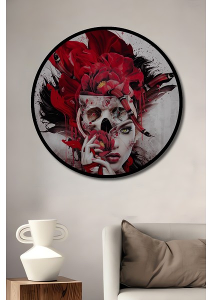 Siyah Beyaz Yağlı Boya Görünümlü Ahşap Tablo Gızemlı Kırmızı Çiçekler ve Insan Yüzü Sanat Eseri fiyatları