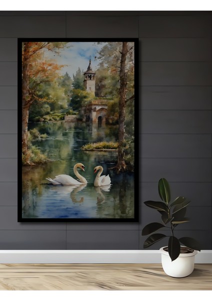 Romantik Kuğulu Gölde Yağlı Boya Görünümlü Ahşap Dekoratif Tablo Dikdörtgen Tablo fiyatları