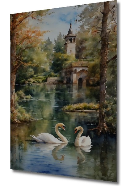 Romantik Kuğulu Gölde Yağlı Boya Görünümlü Ahşap Dekoratif Tablo Dikdörtgen Tablo modelleri