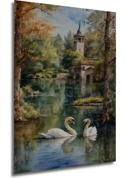 Romantik Kuğulu Gölde Yağlı Boya Görünümlü Ahşap Dekoratif Tablo Dikdörtgen Tablo fırsatları