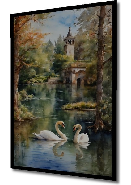 Romantik Kuğulu Gölde Yağlı Boya Görünümlü Ahşap Dekoratif Tablo Dikdörtgen Tablo indirimleri