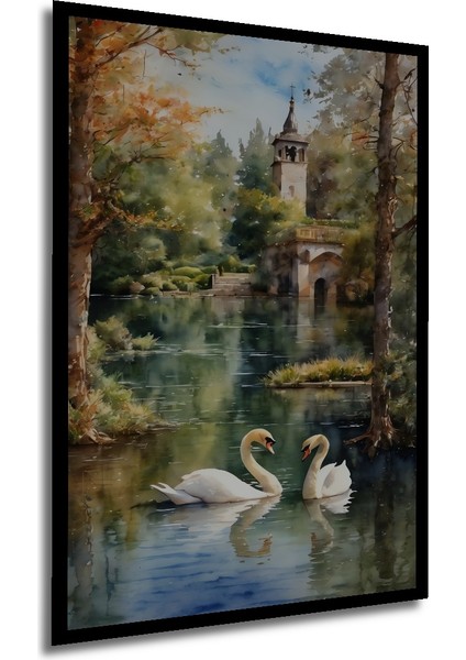 Romantik Kuğulu Gölde Yağlı Boya Görünümlü Ahşap Dekoratif Tablo Dikdörtgen Tablo
