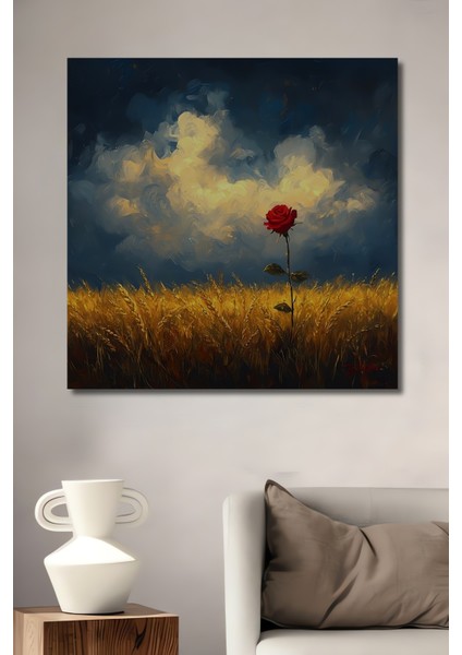 Altınbaşak Tarlası ve Kırmızı Gül Yağlı Boya Görünümlü Dekoratif Ahşap Tablo Dikdörtgen Tablo