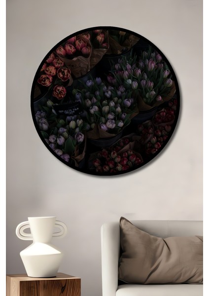 Renkli Lale Buketleri Ahşap Dekoratif Tablo Yağlı Boya Görünümlü Sanat Eseri Yuvarlak Tablo fiyatları