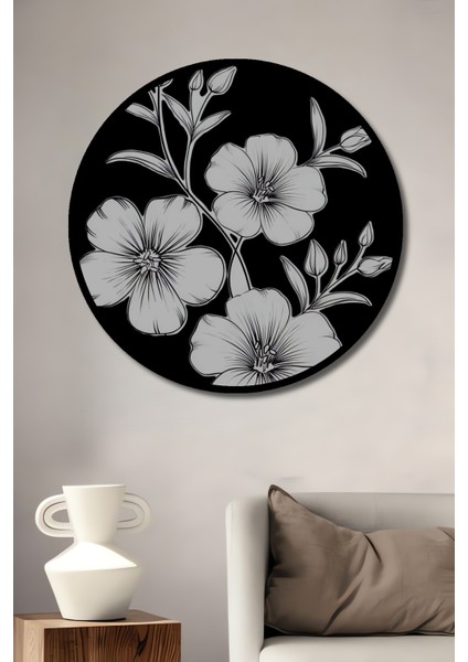 Kara Kalem Görünümlü Çiçek Desenli Ahşap Dekoratif Tablo Yuvarlak Tablo fiyatları