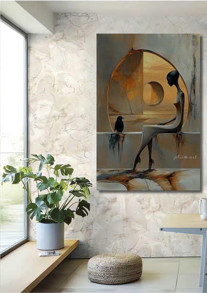 Gızemlı Kuş ve Insan Figürü Yağlı Boya Görünümlü Modern Sanat Ahşap Dekoratif Tablo Dikdörtgen Tablo