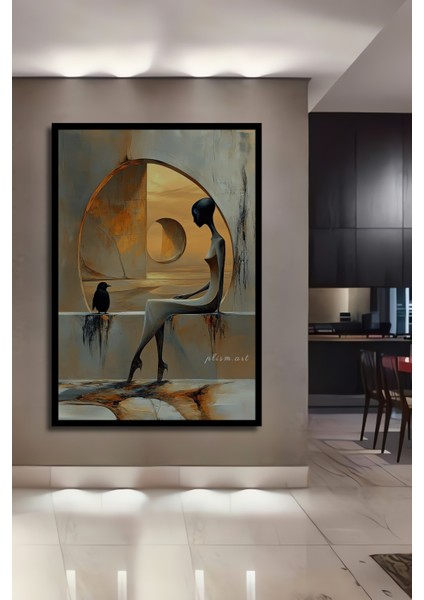 Gızemlı Kuş ve Insan Figürü Yağlı Boya Görünümlü Modern Sanat Ahşap Dekoratif Tablo Dikdörtgen Tablo fiyatları