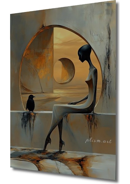 Gızemlı Kuş ve Insan Figürü Yağlı Boya Görünümlü Modern Sanat Ahşap Dekoratif Tablo Dikdörtgen Tablo modelleri