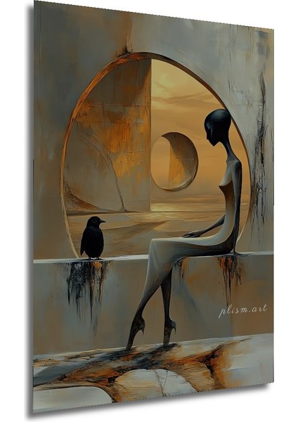 Gızemlı Kuş ve Insan Figürü Yağlı Boya Görünümlü Modern Sanat Ahşap Dekoratif Tablo Dikdörtgen Tablo fırsatları