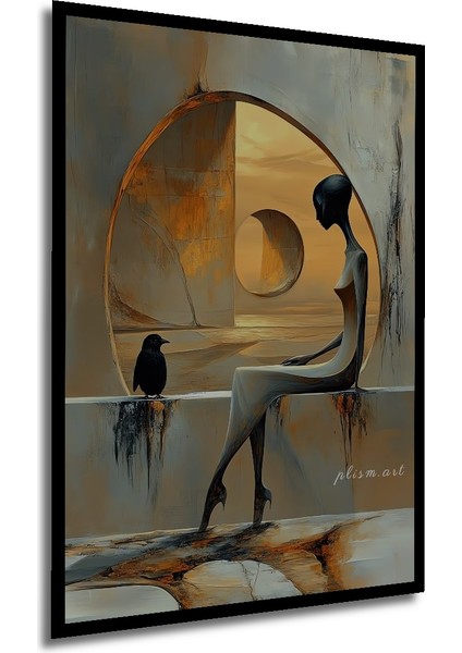 Gızemlı Kuş ve Insan Figürü Yağlı Boya Görünümlü Modern Sanat Ahşap Dekoratif Tablo Dikdörtgen Tablo