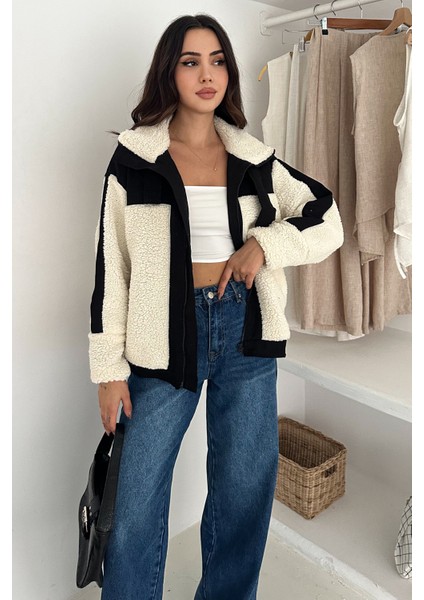Kadın Renk Bloklu Fermuarlı Sherpa Mont – Cozy Contrast
