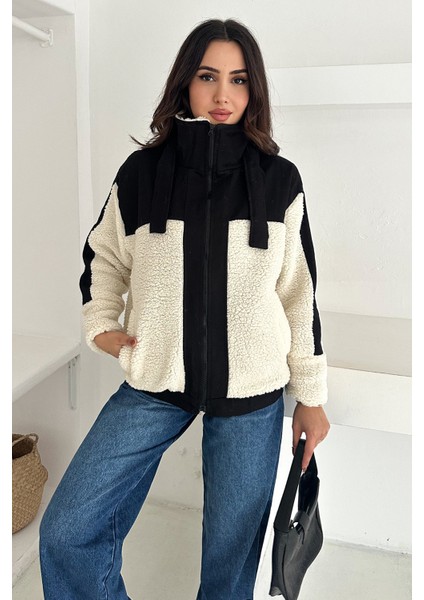 Kadın Renk Bloklu Fermuarlı Sherpa Mont – Cozy Contrast fırsatları