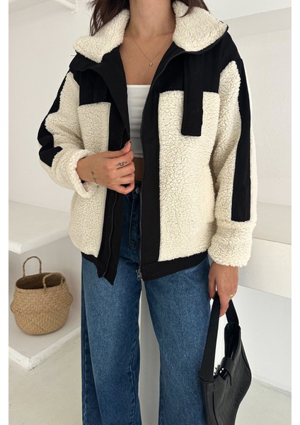 Kadın Renk Bloklu Fermuarlı Sherpa Mont – Cozy Contrast indirimleri
