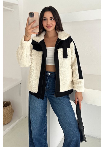 Kadın Renk Bloklu Fermuarlı Sherpa Mont – Cozy Contrast