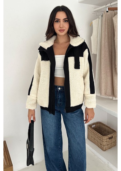 Kadın Renk Bloklu Fermuarlı Sherpa Mont – Cozy Contrast