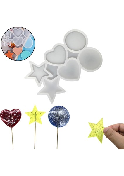 Silikon Çok Şekilli Lolipop Kalıbı (Yıldız, Yuvarlak, Daire) - Şeker & Çikolata Kalıbı