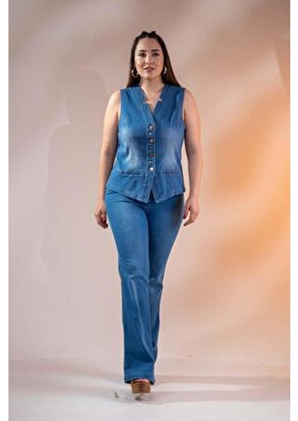 Büyük Beden Cep Detaylı Denim Yelek Mavi