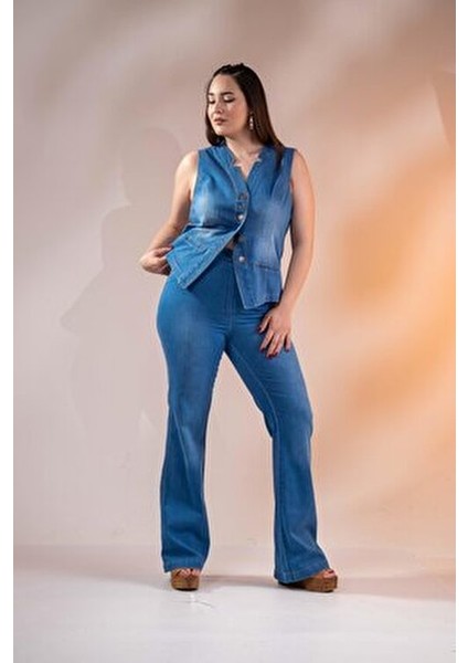 Büyük Beden Cep Detaylı Denim Yelek Mavi fiyatları