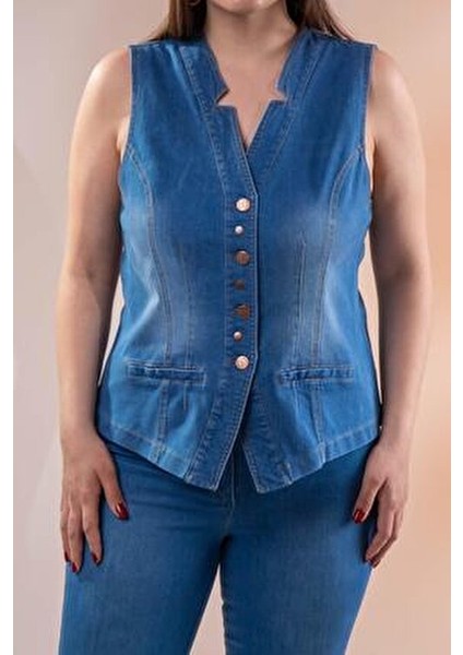 Büyük Beden Cep Detaylı Denim Yelek Mavi modelleri