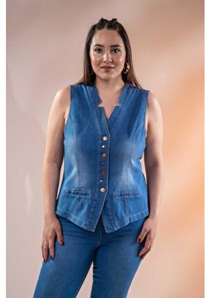 Büyük Beden Cep Detaylı Denim Yelek Mavi fırsatları