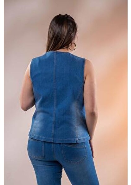 Büyük Beden Cep Detaylı Denim Yelek Mavi indirimleri