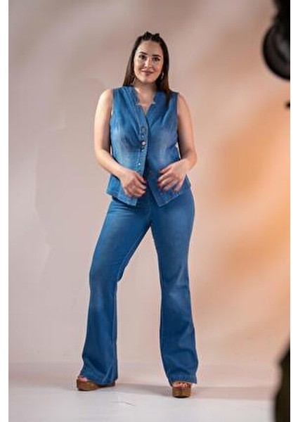 Büyük Beden Cep Detaylı Denim Yelek Mavi