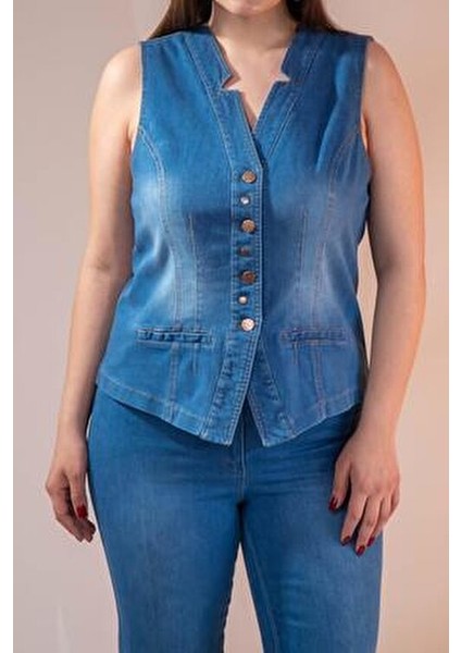Büyük Beden Cep Detaylı Denim Yelek Mavi