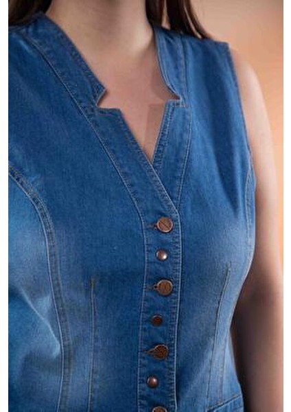 Büyük Beden Cep Detaylı Denim Yelek Mavi