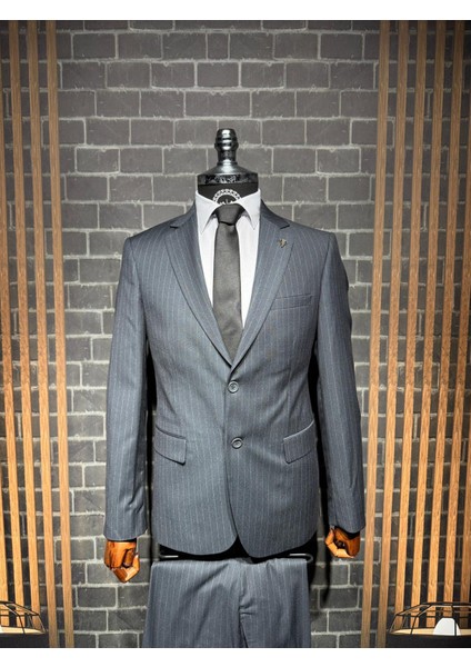 Slim Fit Viscon Çizgili Takım Elbise