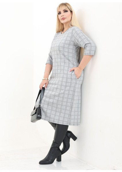 Çift Cepli Desenli Esnek Kışlık Büyük Beden Midi Elbise 10C-2735