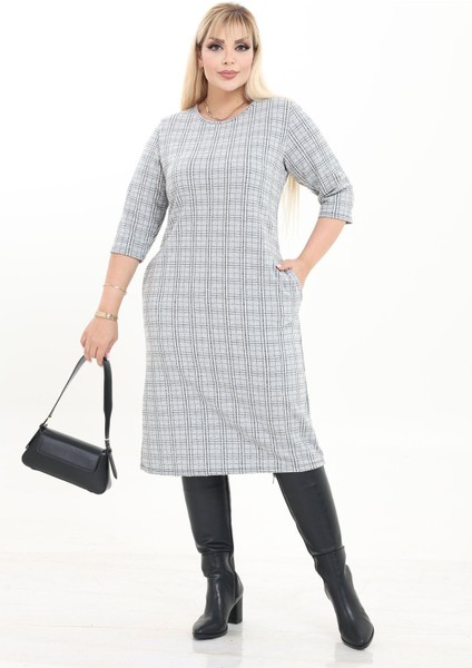 Çift Cepli Desenli Esnek Kışlık Büyük Beden Midi Elbise 10C-2735 fiyatları