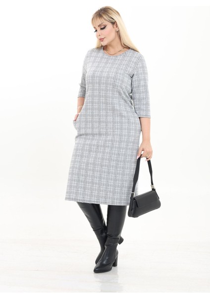 Çift Cepli Desenli Esnek Kışlık Büyük Beden Midi Elbise 10C-2735 modelleri